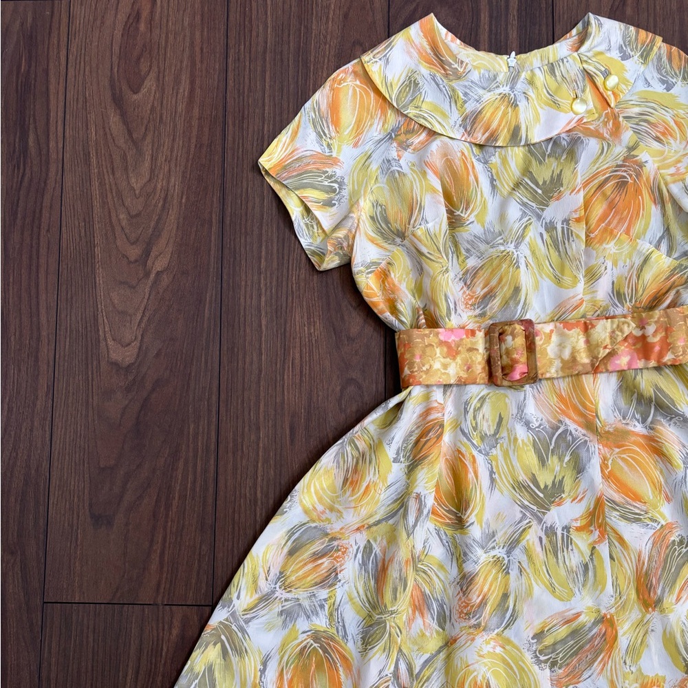 Vintage handmade floral belted cottage core garden party yellow and orange dress